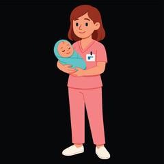 Nurse gently holds and cares for a newborn baby, symbolizing professional healthcare and tender beginnings of life.