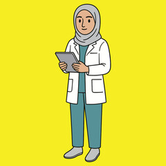 Muslim female doctor in hijab and medical uniform holding tablet for patient records. healthcare professional.