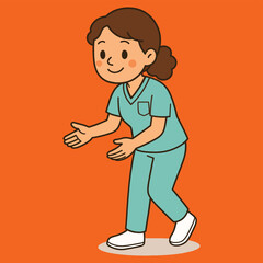 Friendly female nurse or medical professional in scrubs smiling and gesturing with open hands, welcoming or offering assistance.