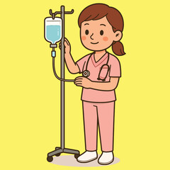 Professional female nurse cartoon character illustration with stethoscope and iv pole providing essential medical assistance