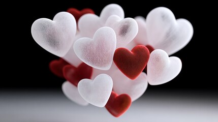 A collection of hearts, some white and some red, are floating in the air. The white hearts are scattered throughout the scene, while the red hearts are clustered together. Scene is one of love