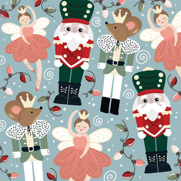 festive seamless pattern featuring nutcracker soldiers, fairy ballerinas, mouse king in crown, and christmas lights on a soft blue background. whimsical and charming holiday design in cartoon style