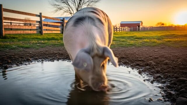 Pig drinking water in a farm lake on a sunny day. Concept of rural life, animal behavior, natural environment, and peaceful countryside atmosphere.
