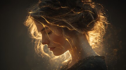 surreal portrait of a woman with glowing threads of light weaving around her hair, floating particles, ethereal fantasy atmosphere, soft golden lighting, fine art realism,