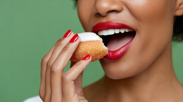 A woman is eating a donut with a white frosting. She has red nails and is wearing red lipstick