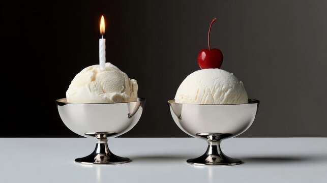 Two ice cream bowls with candles on top, one with the word "nice" written on it. The bowls are placed on a white table, and the candles are lit. Concept of celebration and warmth