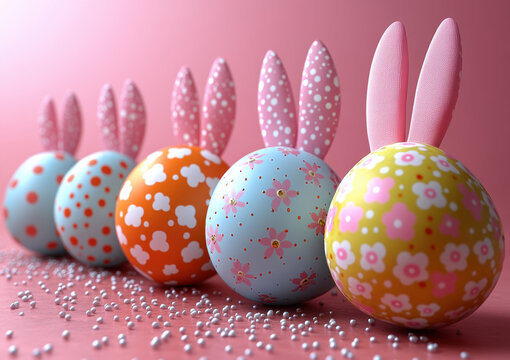 Easter banner, holiday decor, rabbit ears and colorful eggs pink background. Holidays, spring Easter concept, copy space, design greeting cards, art minimalist style.