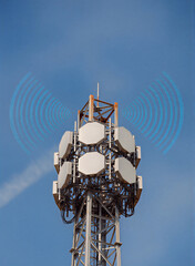 Cellular 5G Antenna Tower Emitting Radio Waves Against Clear Blue Sky Midday Communication Networks