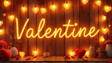 Valentine neon lights on wooden wall with heart decorations and glowing ambiance. The 14th of February. Happy Valentine's Day