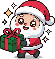 Cute santa claus carrying a gift box isolated on white background