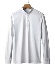 White long-sleeve shirt on a wooden hanger against a transparent background. The shirt features a henley collar and is isolated for mockup purposes.