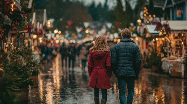 Couple walking hand in hand through a festive market in the rain during winter evening