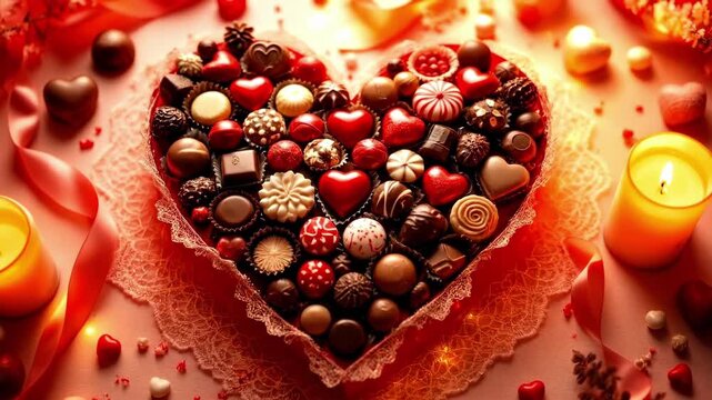 Heart-shaped box of assorted chocolates with candles and decorations on lace tablecloth. The 14th of February. Happy Valentine's Day