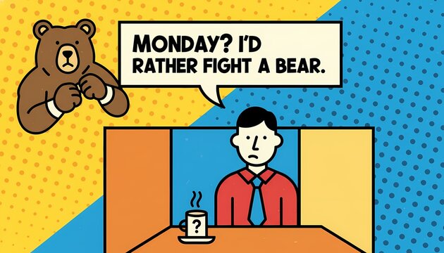 Humorous Pop Art style cartoon of a tired office worker thinking, "MONDAY? I'D RATHER FIGHT A BEAR." A visual exaggeration of the universal dread and struggle associated with the start of the week