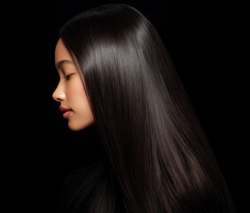 Fototapeta premium a beautiful woman with long, shiny hair is isolated against a black background