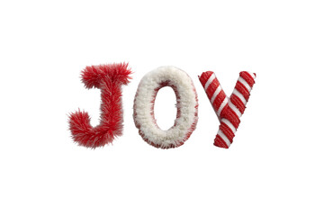 Fototapeta premium Colorful letters spelling 'JOY' in a fluffy texture. The letters are red and white, with one resembling a candy cane. Isolated on a transparent background.