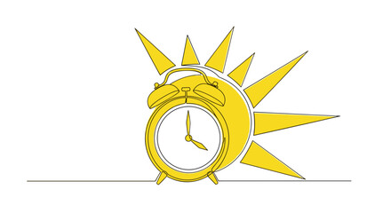 Alarm clock with sun continuous line art filled with yellow, energetic mood, early rising and morning routine concept, productive day, with copy space