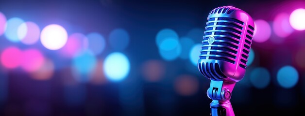 a microphone on a stage, with a background featuring a blue and purple color gradient, neon light effects, and a smoke effect.