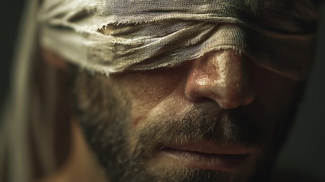 realistic portrait of a man with bandaged eyes, symbolic of pain and blindness, textured lighting, muted color tones, cinematic emotional realism, 