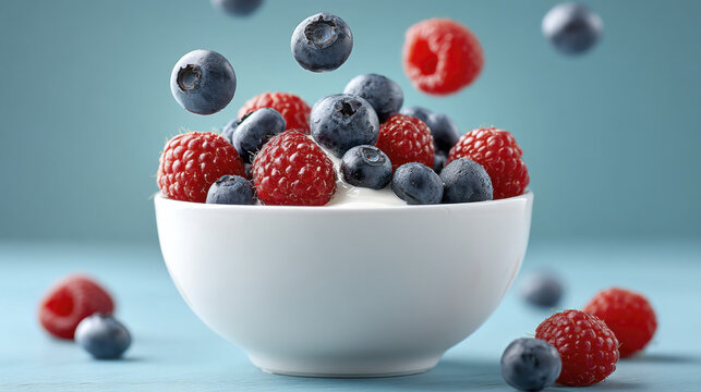 Fresh berries falling into creamy yogurt bowl on blue background for healthy breakfast concept