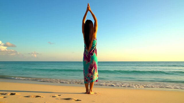 A person stands at the back of a serene beach scene, their arms outstretched and gazing out at the endless expanse of ocean, capturing the concept of perspective and looking beyond the horizon.