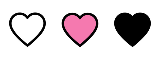 Three Heart Shapes in Black Outline, Pink Fill and Solid Black on White Background