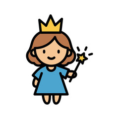 A cute and simple cartoon illustration of a smiling princess or fairy character wearing a gold crown and holding a magic star wand