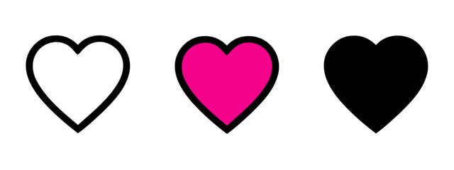 Three simple heart shapes in white, pink and black against a plain background