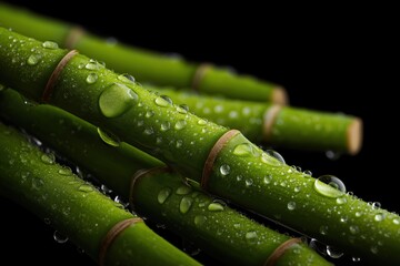 black background with water droplets and bamboo, spa concept, zen style, fresh green color