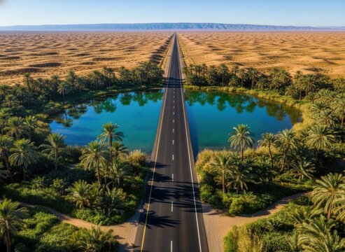 Straight desert highway passing through an oasis with palm trees and a lake road