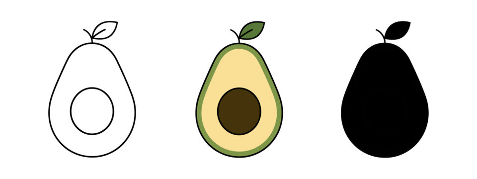 Three avocado fruit halves with leaves in various styles on a white background