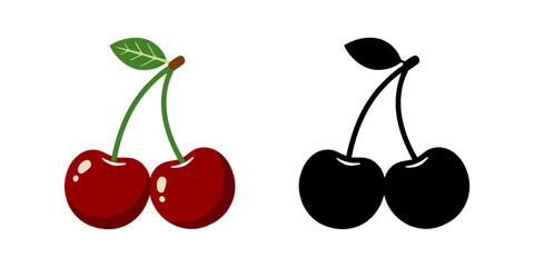 Pair of Cherries with Leaf and Stem in Color and Black Silhouette