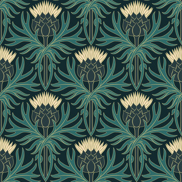 Art Nouveau pattern featuring ivory thistle flowers on a golden diamond background. Suitable for wallpaper, home decor, and fabrics.