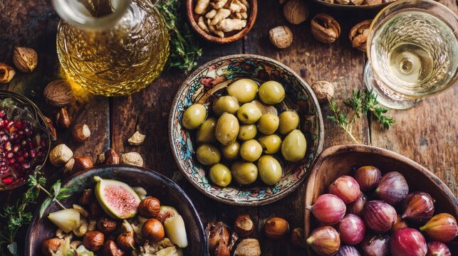 Mediterranean diet ingredients including green olives, fresh figs, walnuts, grapes, olive oil and white wine arranged on rustic wooden table - Powered by Adobe