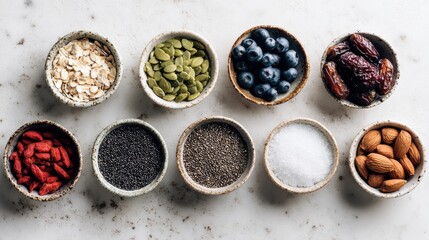 Healthy superfood ingredients in ceramic bowls including oats, pumpkin seeds, blueberries, dates, goji berries, chia seeds and almonds on marble surface