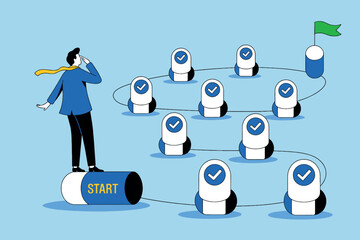 Businessman at start of winding path to goal with checkpoints