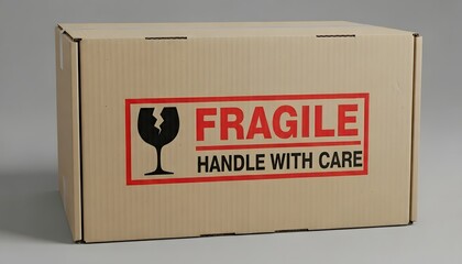 Cardboard shipping box with a prominent red fragile handle with care warning label for delicate contents