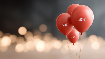 Red balloons with discount percentages floating against a blurred background, creating a festive atmosphere for promotional events and celebrations