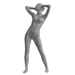 Stylized gray humanoid sculpture standing with arms raised in an artistic pose