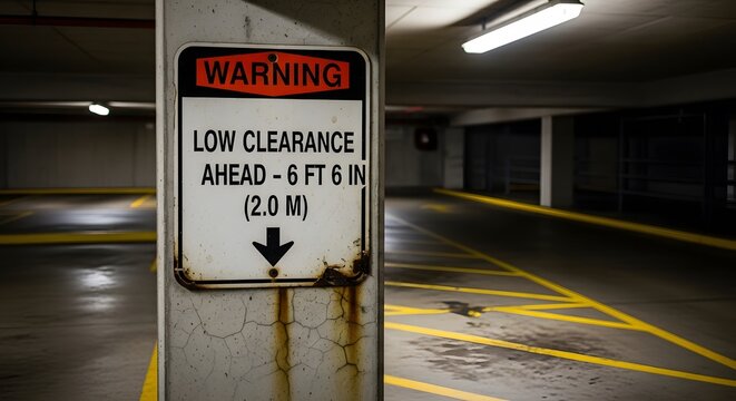An old, weathered low clearance warning sign with rust stains on a concrete pillar inside a dimly lit, empty parking garage