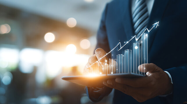 Businessman holding tablet displaying glowing upward financial graph with rising arrow finance growth