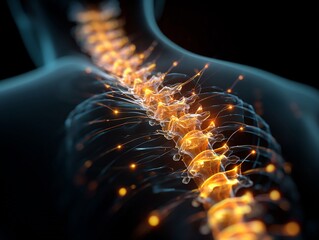 Artistic representation of glowing pain point across spine gradient lighting symbolizing muscle tension relief