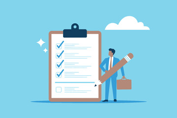 Businessman completing tasks efficiently on a large clipboard