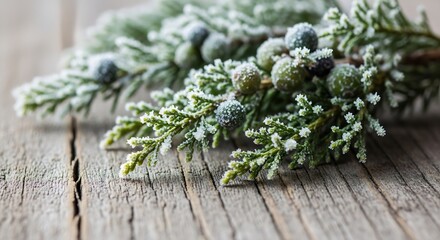 Obraz premium Magical frosted juniper branch with berries on rustic wood, perfect for winter holiday designs and festive seasonal projects, create a cozy atmosphere