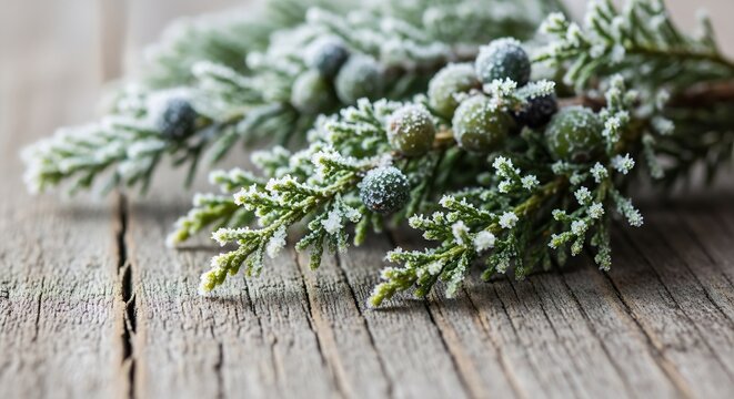 Magical frosted juniper branch with berries on rustic wood, perfect for winter holiday designs and festive seasonal projects, create a cozy atmosphere