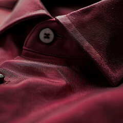 Close up of a deep red textured fabric shirt collar with a dark button burgundy