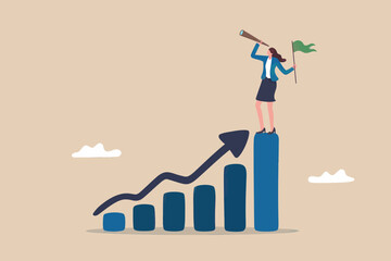 Businesswoman on growth chart, seeking future opportunities.
