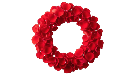 Red rose petals circle isolated on a transparent background, a romantic floral frame.
