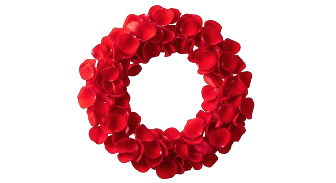 Red rose petals circle isolated on a transparent background, a romantic floral frame.