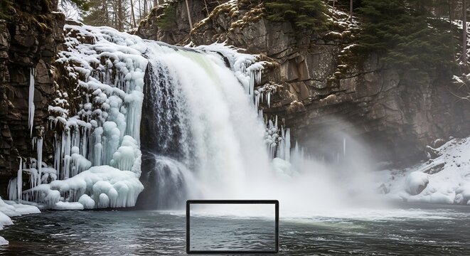 Breathtaking winter waterfall scene with ice formations and serene atmosphere, perfect for nature lovers and outdoor adventures, capturing the raw beauty of nature - Powered by Adobe